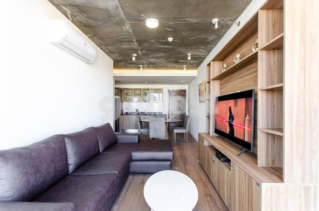 a living room with a couch and a flat screen tv at Shopping Del Sol's Finnest in Asuncion