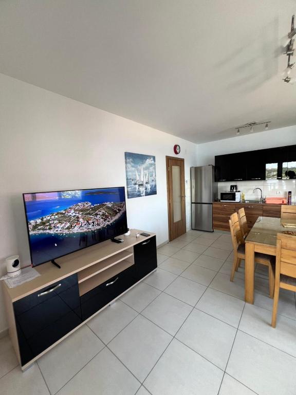 a living room with a large flat screen tv at Apartman 4 Majba in Zaglavice