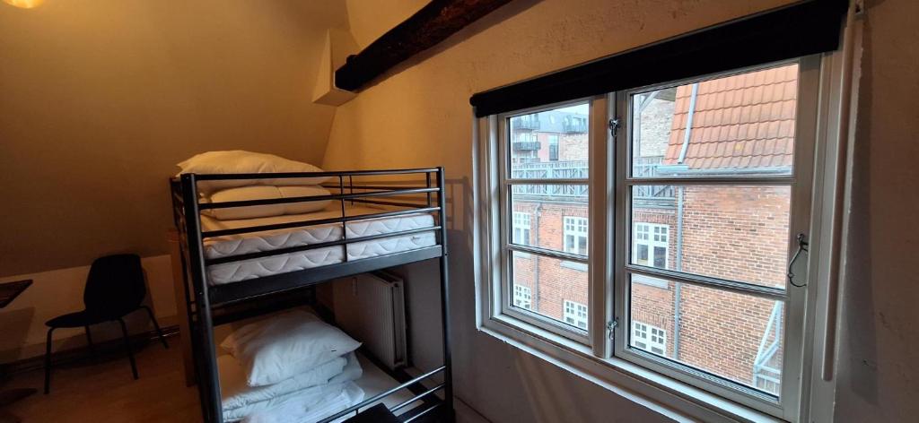 a bunk bed in a room with a window at Princessen på ærten in Odense