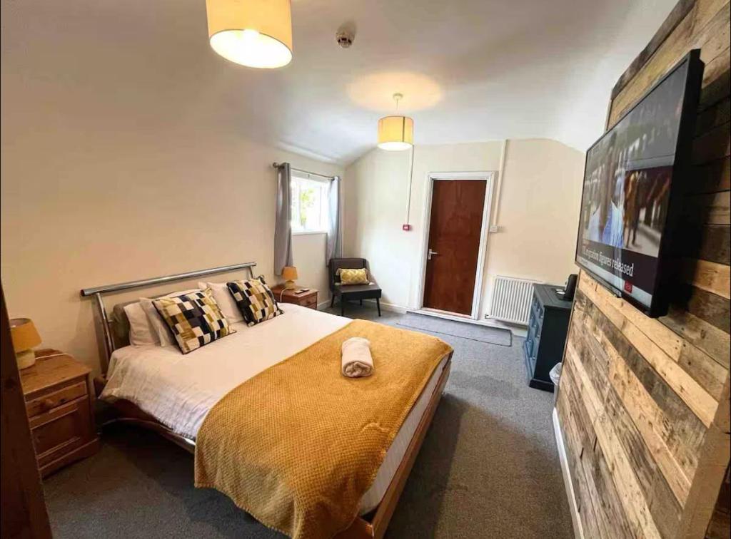 a bedroom with a bed and a flat screen tv at 106 Brynmill - Room 7 in Sketty
