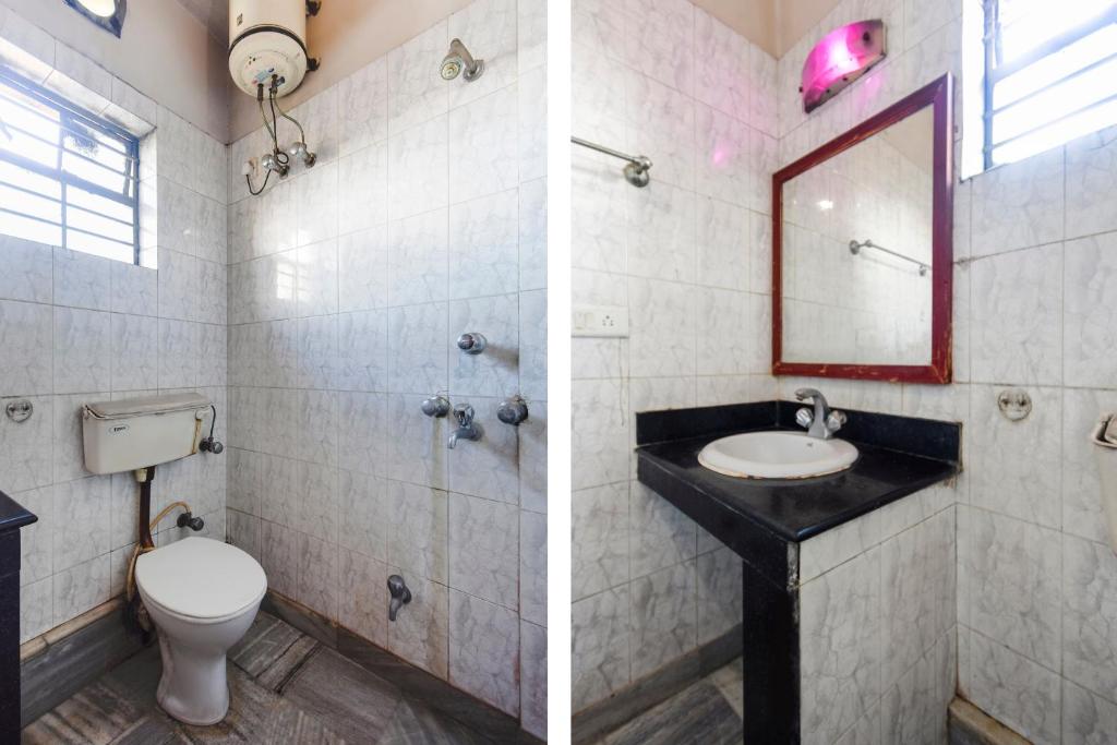 two pictures of a bathroom with a toilet and a sink at Super Hotel O Ajanta in Āsansol