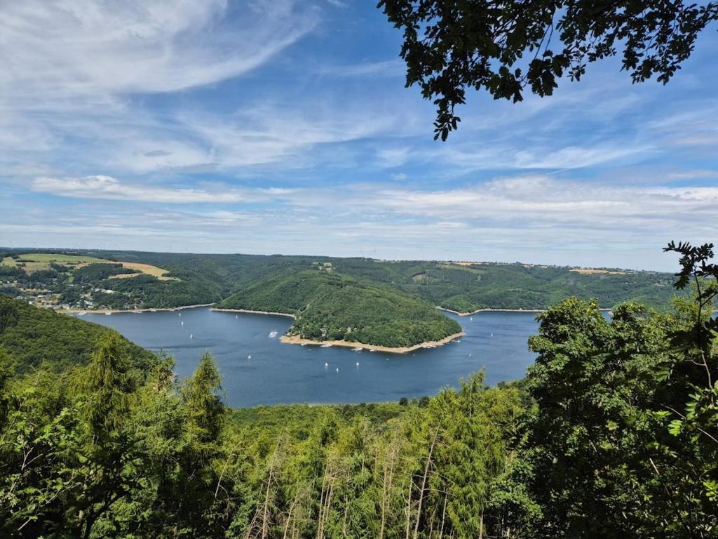 a view of a large lake in the countryside at Ferienwohnung Waldblick 2 für 4 Personen und max 2 Hunde in Simmerath