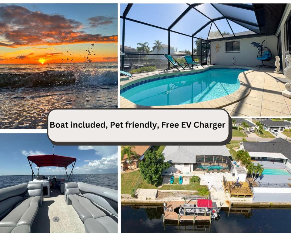 un collage de fotos de una casa y una piscina en House With A Boat - Boat, Heated Pool, Fishing, en Cabo Coral