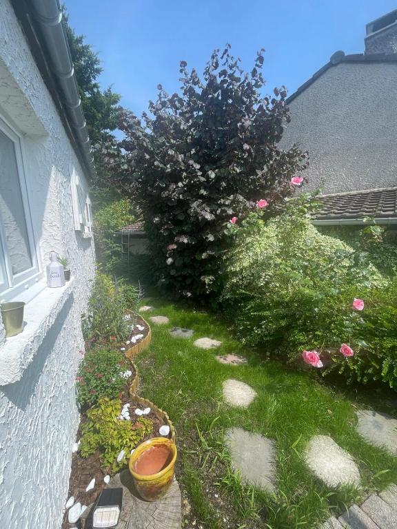 un jardin avec des fleurs et des plantes à côté d'un bâtiment dans l'établissement Maison cosy avec jardin & parking, proche Disney, à Chelles