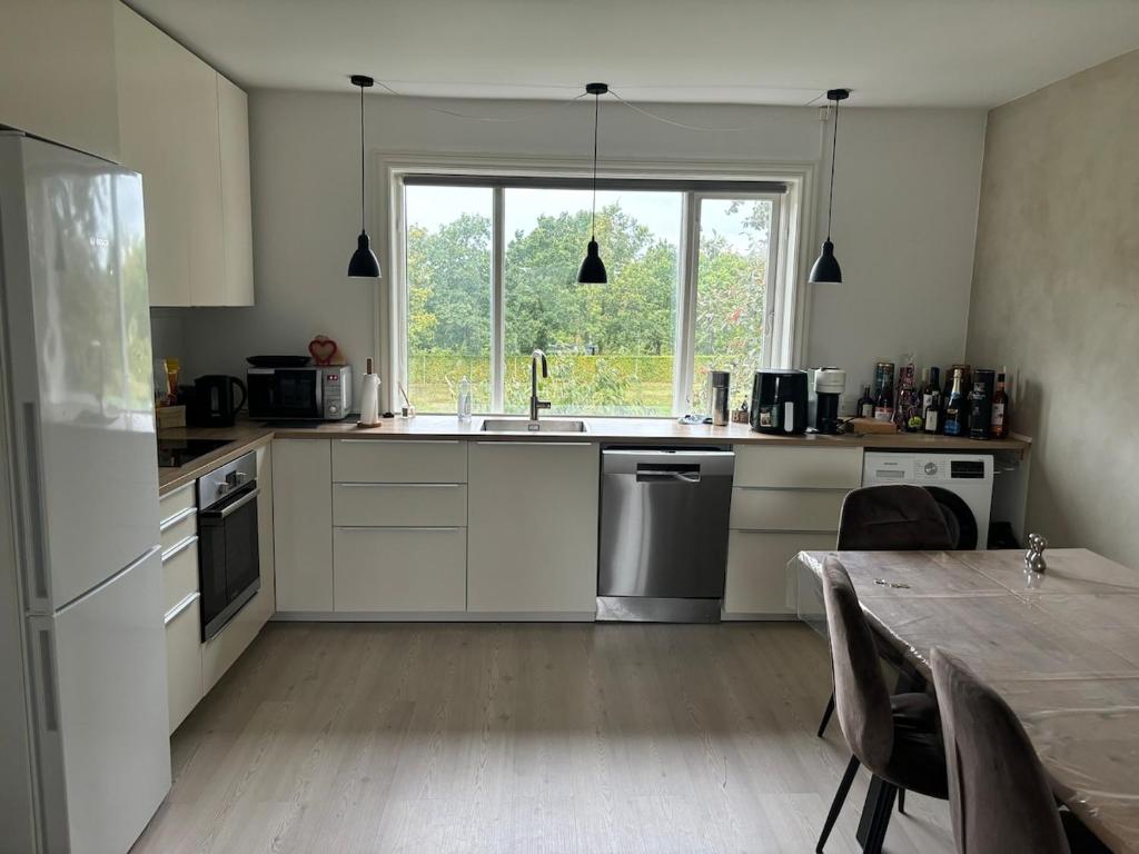 cocina con fregadero, mesa y ventana en Bright, well furnished apartment, en Hillerød