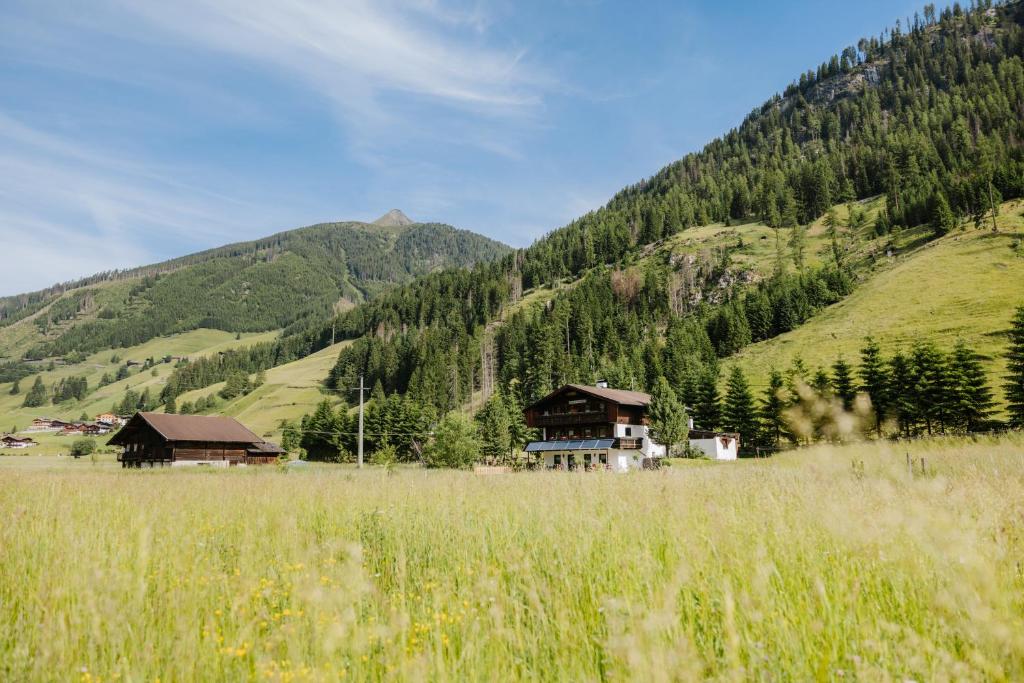 a house in the middle of a field with a mountain at Almblick Appartements in Sankt Jakob in Defereggen