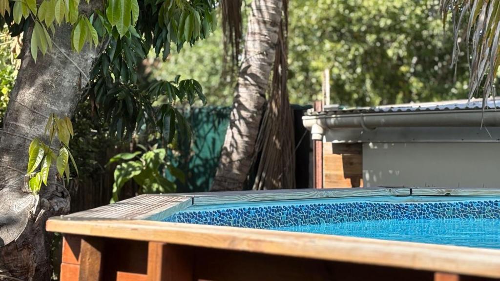 a wooden bench with a swimming pool in a garden at Fleurs de mangue in Saint-Louis