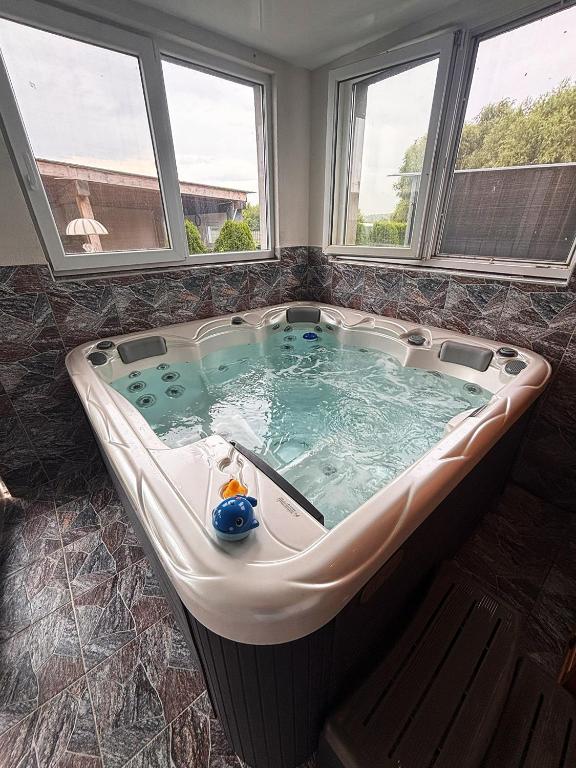 a jacuzzi tub in a room with windows at Vidiecky dom Leles in Leles