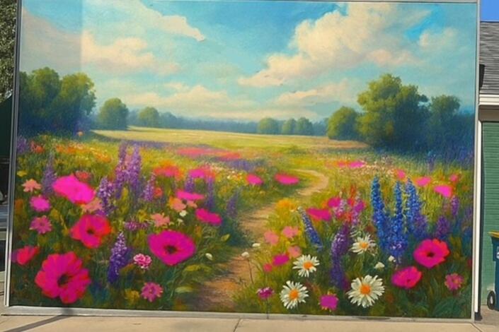 a painting of a field of flowers at Ripple Avenue Suites Suite B in Indianapolis