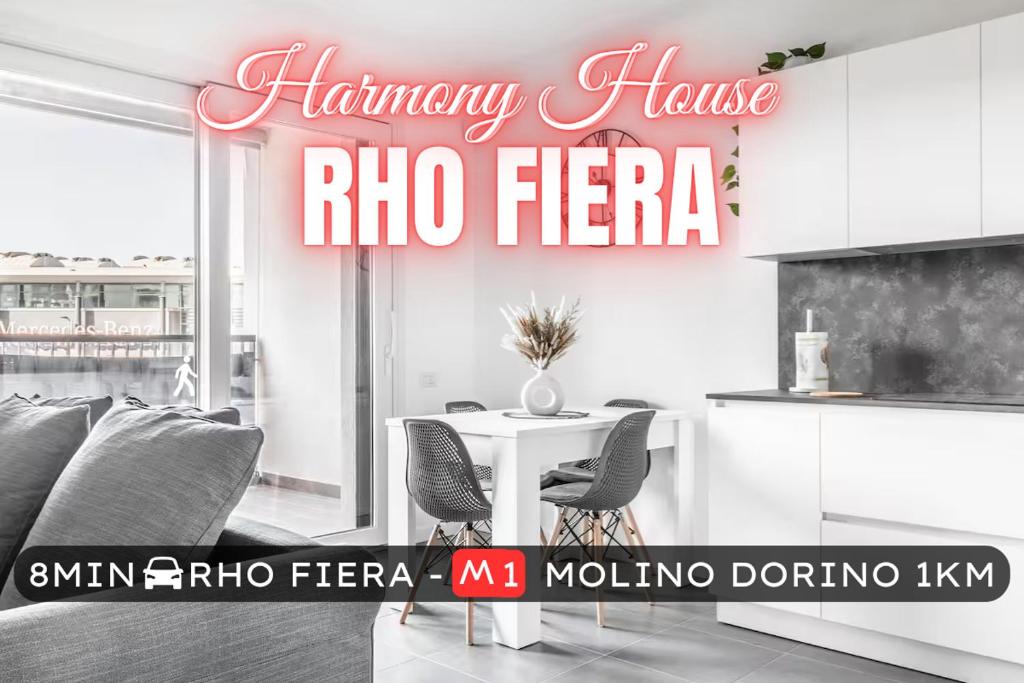 Hotel Harmony House - Rho Fiera 6min - Free Parking - Terrace, a dining room with a table and a kitchen at Harmony House - Rho Fiera 6min - Free Parking - Terrace in Milan