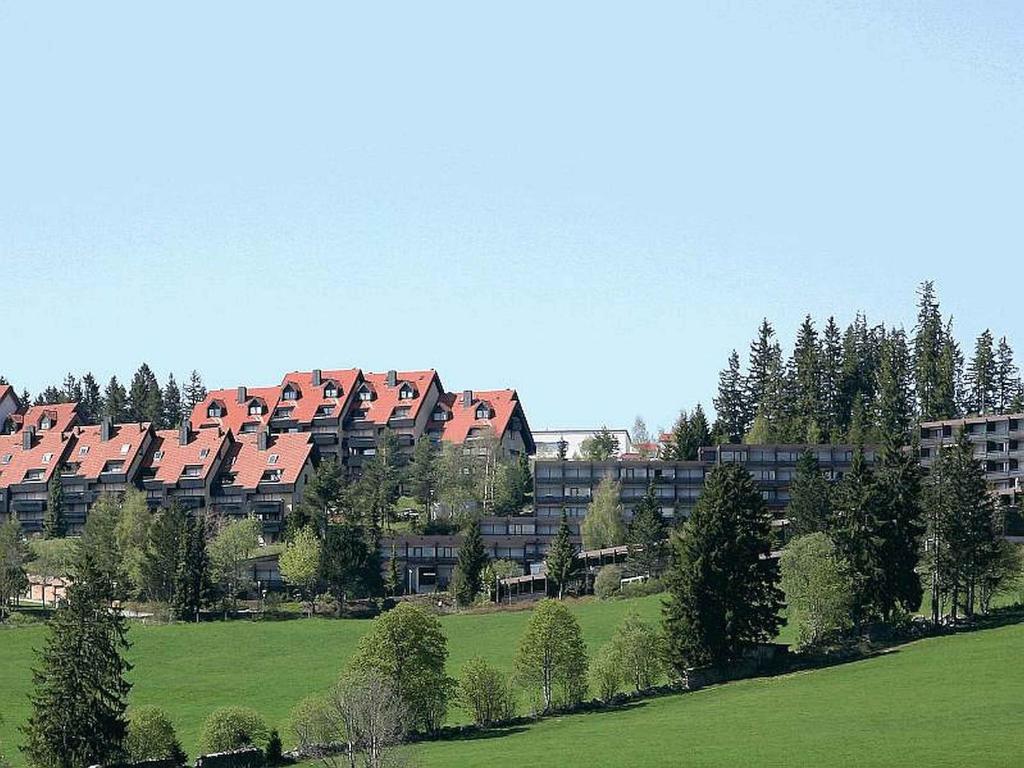 a large apartment complex with a green field and trees at Appartmentvermietung Terrassenpark Schonach in Schonach