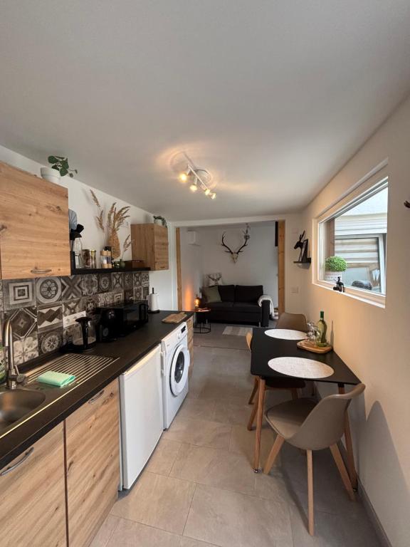a kitchen and living room with a table and a sink at Tiny House Am Goldbach in Halberstadt