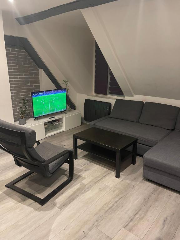 a living room with a couch and a tv at Appartement refait à neuf en centre ville in Bonneuil-sur-Marne