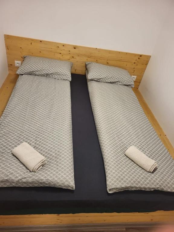 博德森特克Hiška pod hrastom, G110 Podčetrtek, Aqualuna, Olimia的房间里有两张床和枕头