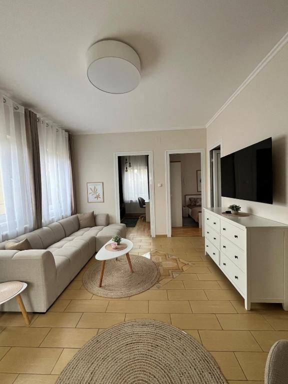 a living room with a couch and a tv at Niki Apartment in Palić
