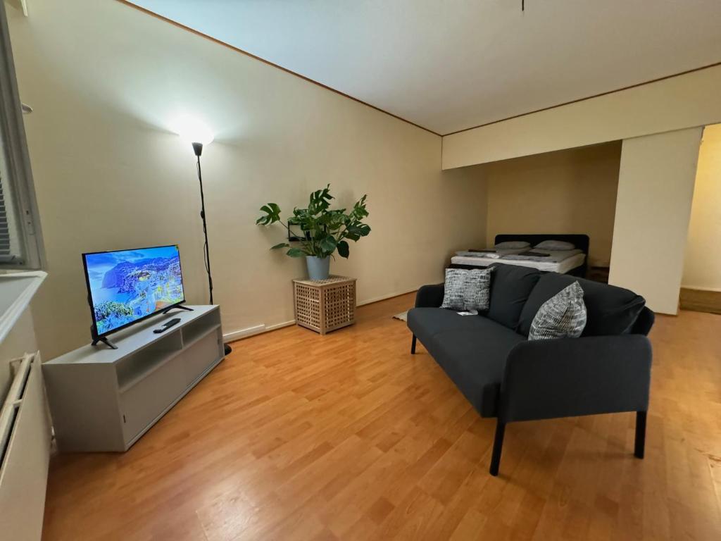 a living room with a couch and a flat screen tv at bnbnord Outokumpu - Studio in Outokumpu