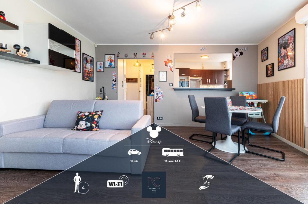a living room with a couch and a table at World of Disneyland, 4 personnes, Wifi in Chanteloup-en-Brie