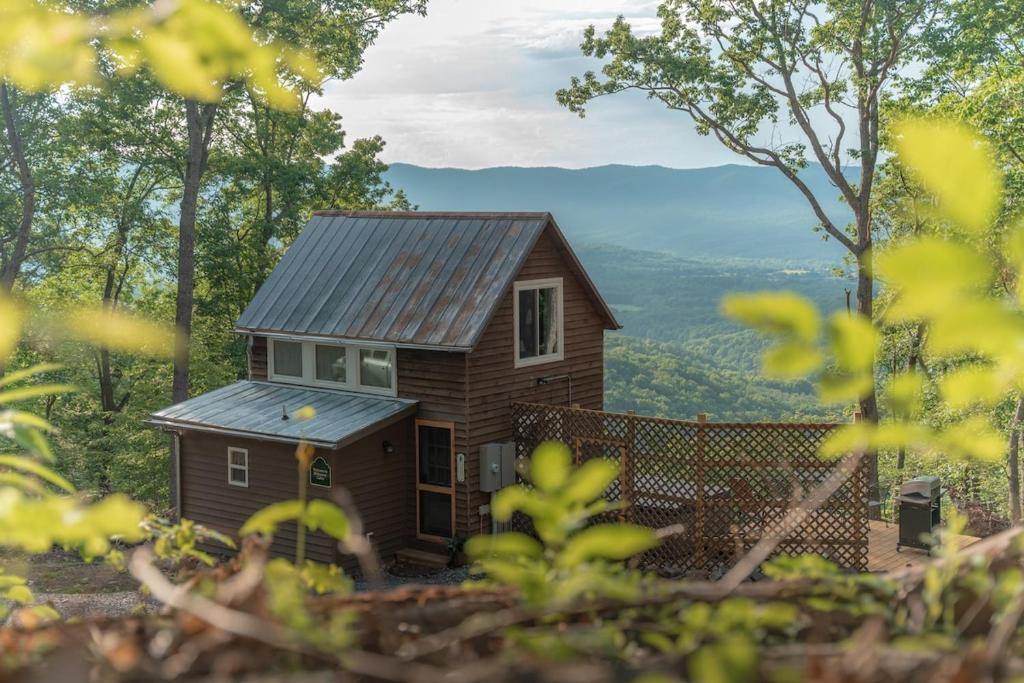 une petite maison dans les bois avec vue dans l'établissement Hideaway Tiny Cabin, Hot Tub, View, Firepit, à Rileyville