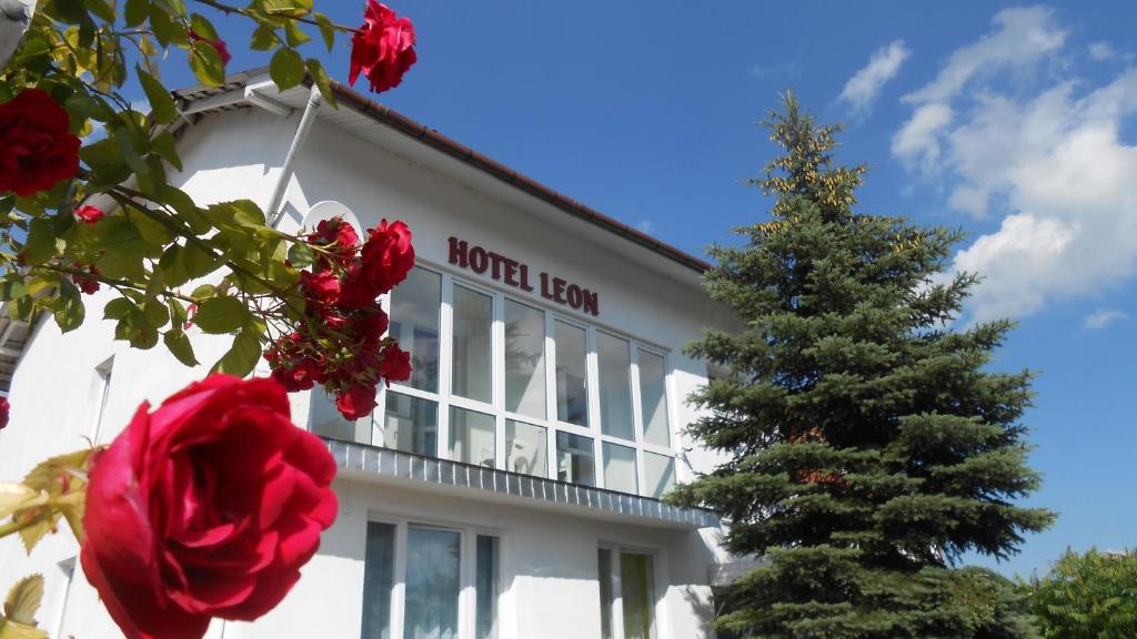ein weißes Gebäude mit einem Weihnachtsbaum davor in der Unterkunft Hotel Leon in Biała Podlaska