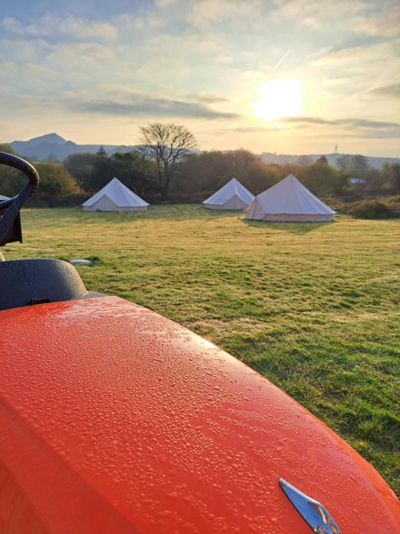 eine Gruppe von Zelten auf einem Feld mit der untergehenden Sonne in der Unterkunft Bell Tent 2 in St Austell