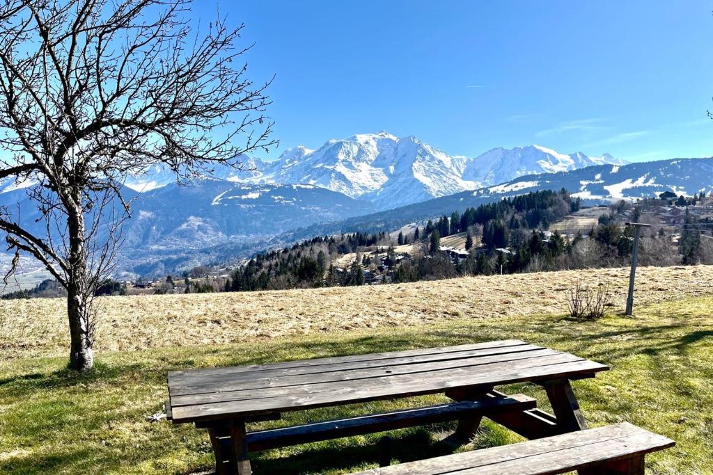 a wooden bench sitting on top of a field with mountains at La Greliottire in Combloux
