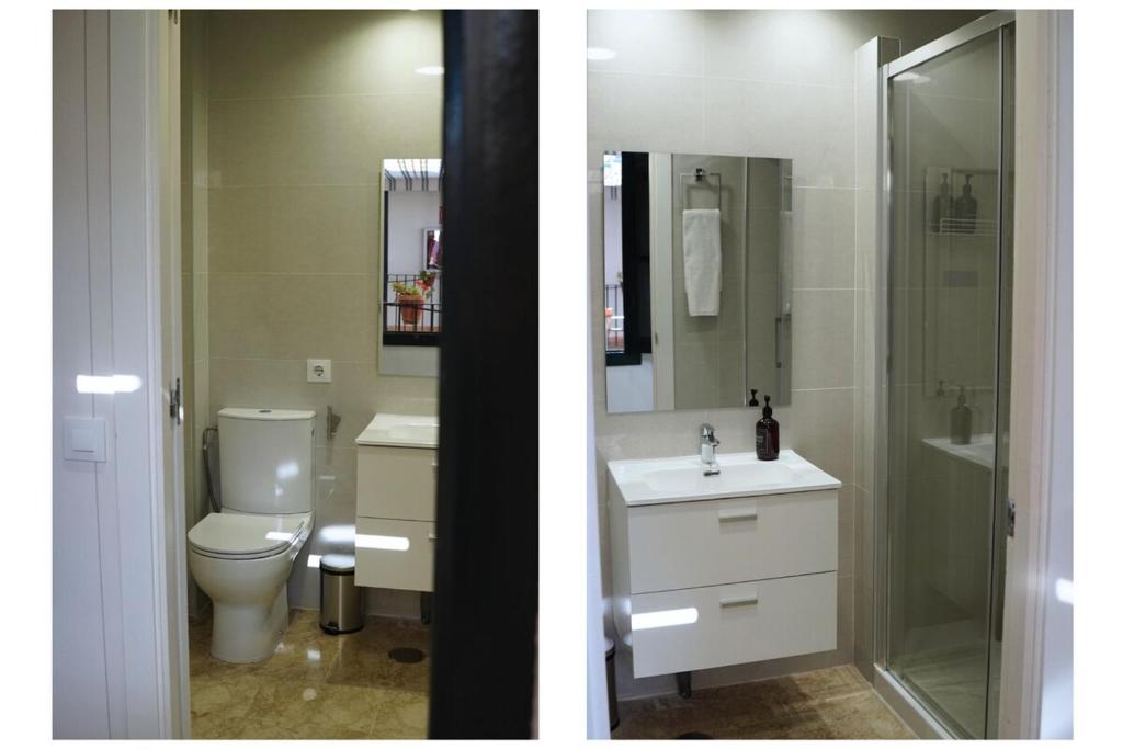 two pictures of a bathroom with a toilet and a shower at AvantiStays Capote in Seville