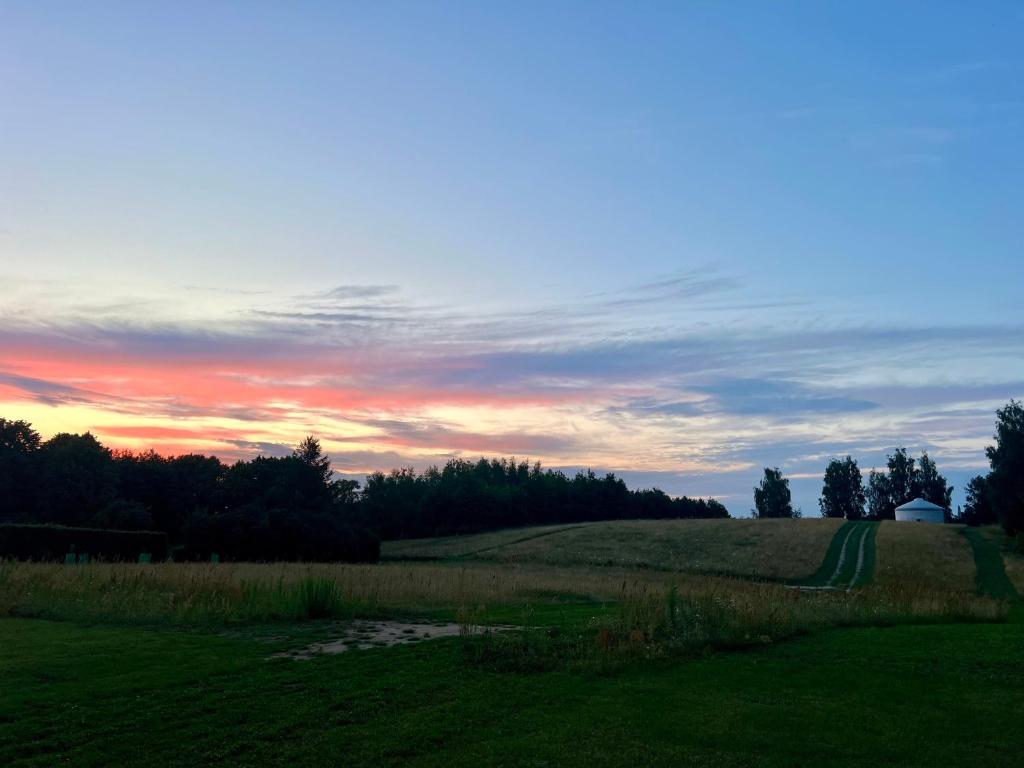a sunset over a field with a road in a field at Szumi Brzoza in Osieczek Piwnice