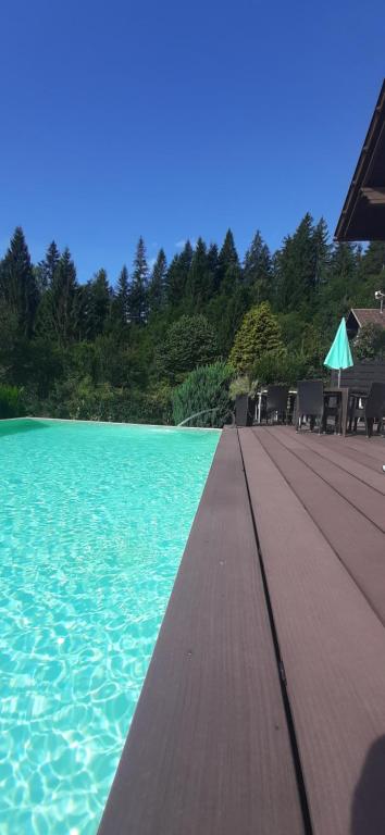 a wooden walkway next to the water at a resort at Haus Sieben - Singer Lydia in Kötschach