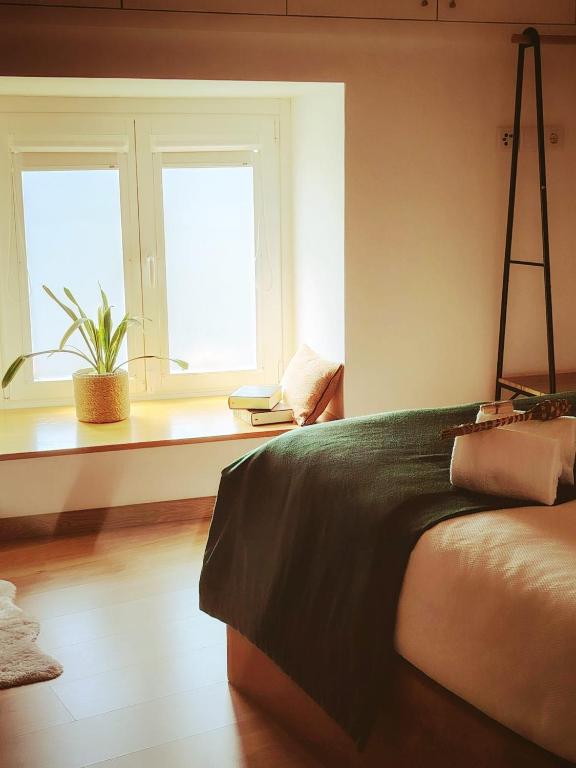 阿利若CASAS DA RUA NOVA的带一张床和两扇窗户的卧室