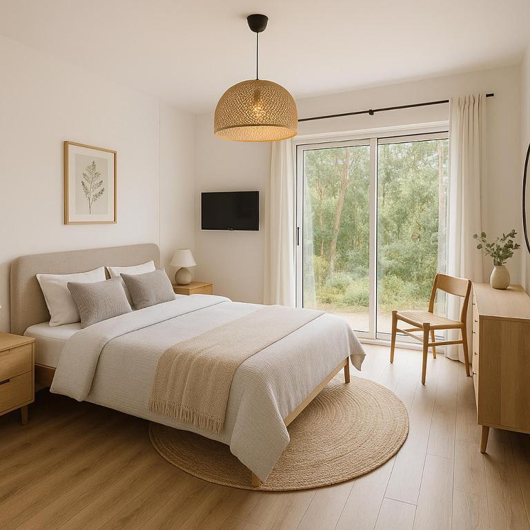 une chambre blanche avec un grand lit et une fenêtre dans l'établissement Les Prés, à Noaillan