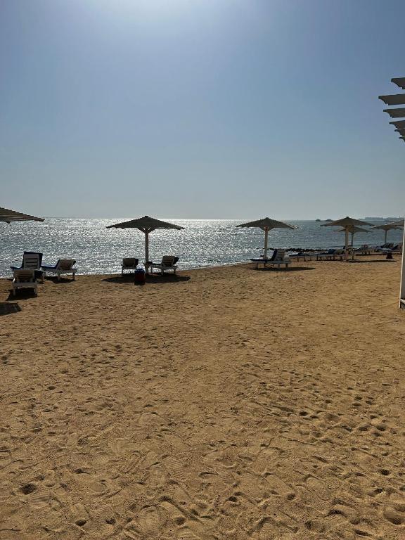 a beach with chairs and umbrellas on the sand at Luxury Apartment in Hurghada
