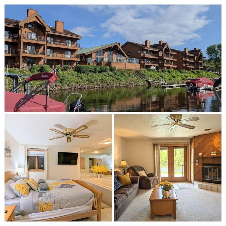 a collage of three pictures of a hotel at UpperDells Riverfront Jacuzzi, Pool and Hot Tub in Wisconsin Dells
