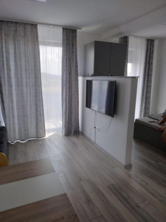 un soggiorno con una TV a schermo piatto su una parete di Studio Andrei a Baile Felix