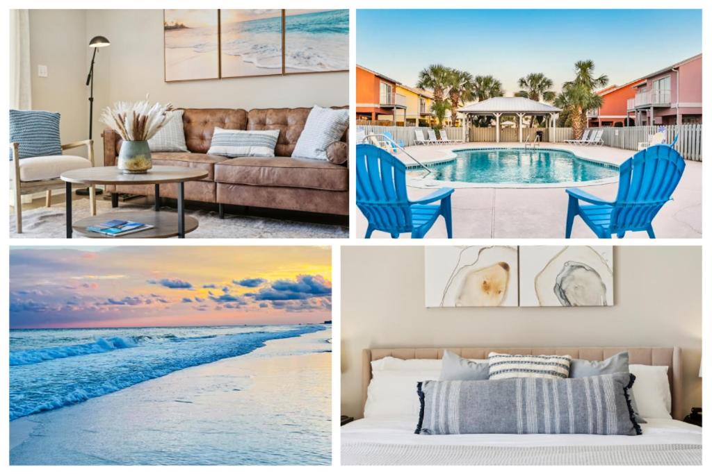 eine Collage mit Bildern eines Wohnzimmers in der Unterkunft !! SNOWBIRD MONTHLY RATE 3300 !! 5min walk 2 Miramar Beach, Mins to Shopping, Steps to Pool, Patio and Yard, Dog Friendly, 1GB Wifi in Destin