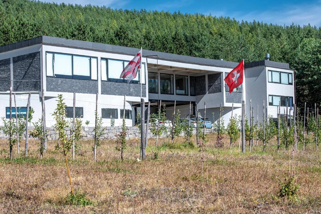 two canadian flags flying in front of a building at Swiss Agricultural School Caucasus in Sarkinetʼi