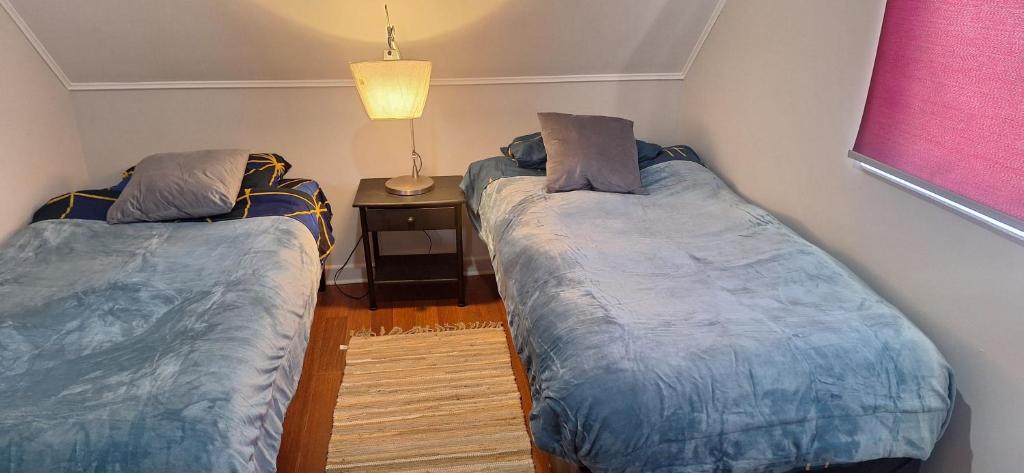 une chambre avec deux lits et une table avec une lampe dans l'établissement Arriendo acogedora casa Punta Arenas, à Punta Arenas
