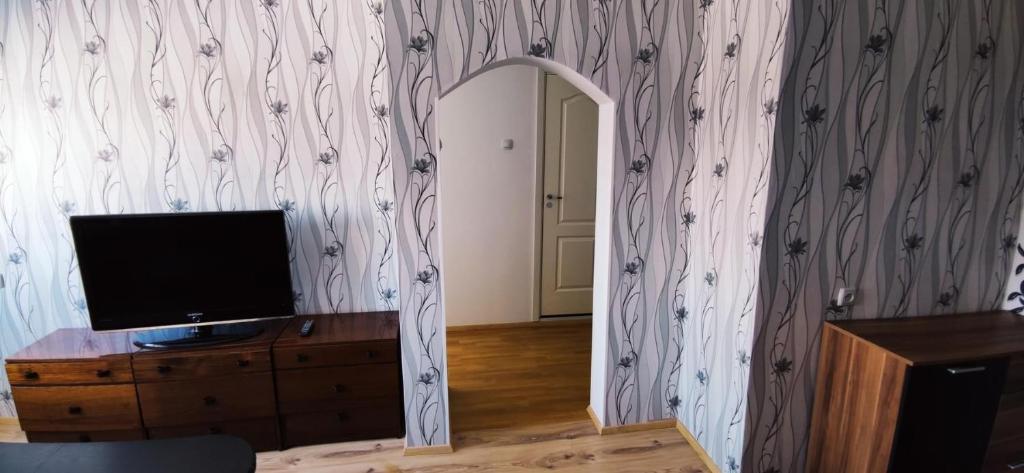 a room with a mirror and a television on a dresser at Särevere apartment in Särevere Asundus