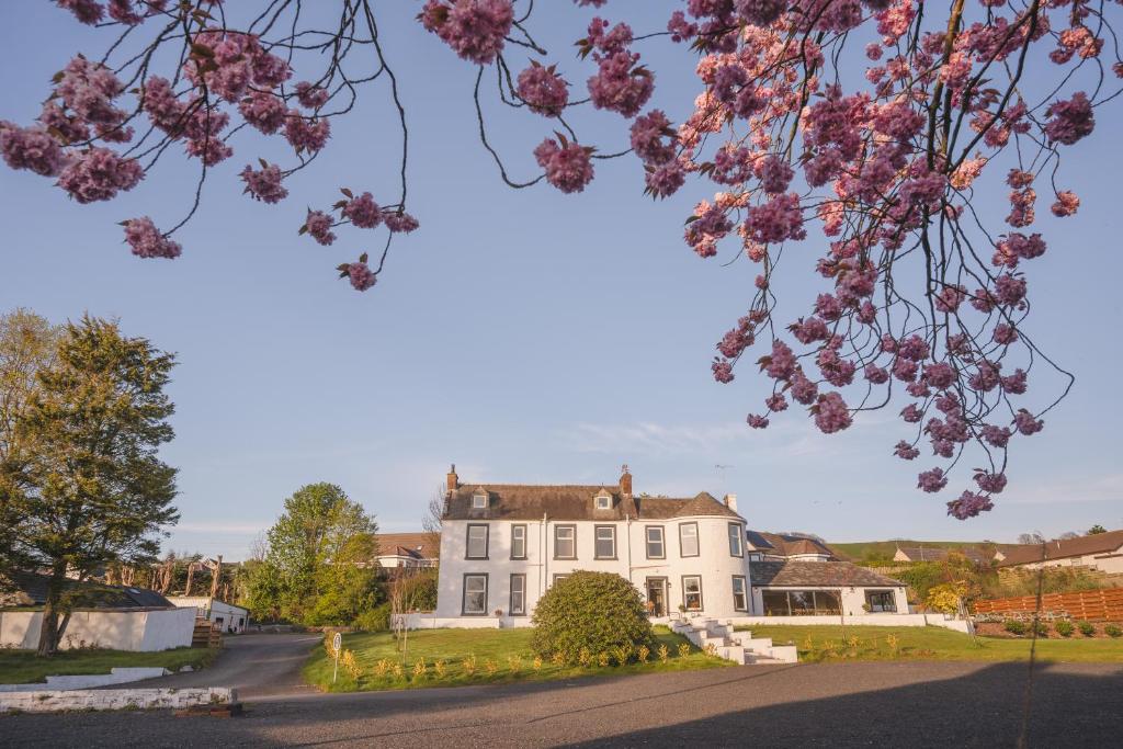 una gran casa blanca con flores rosas en primer plano en Torr House Hotel, en Dumfries