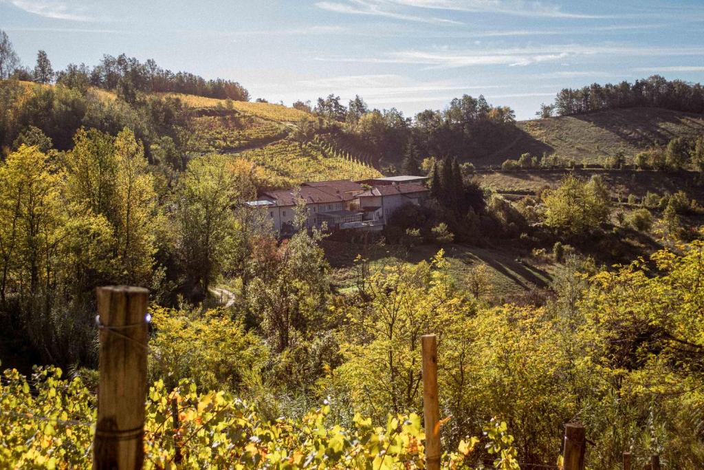 Un tren parado en las vías en un campo en Borgo Isolabella - Wine & Vermouth Resort, en Loazzolo