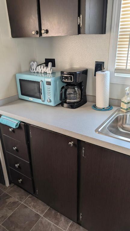 a kitchen counter with a microwave and a sink at Cozy Tiny Home in Farmington hills Michigan in Farmington Hills