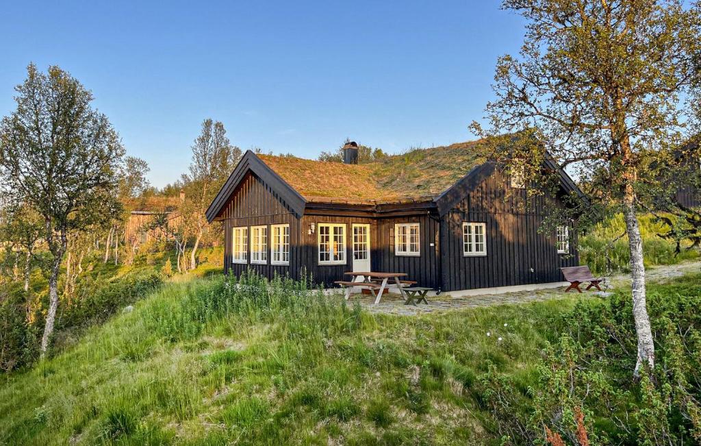 a log cabin with a picnic table in front of it at Gorgeous Home In Rauland With Sauna in Rauland