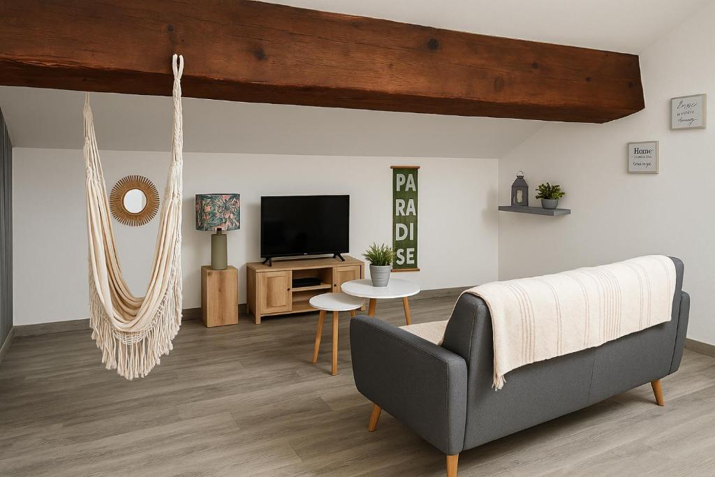 un salon avec un canapé et une télévision dans l'établissement Sous les toits, à Narbonne