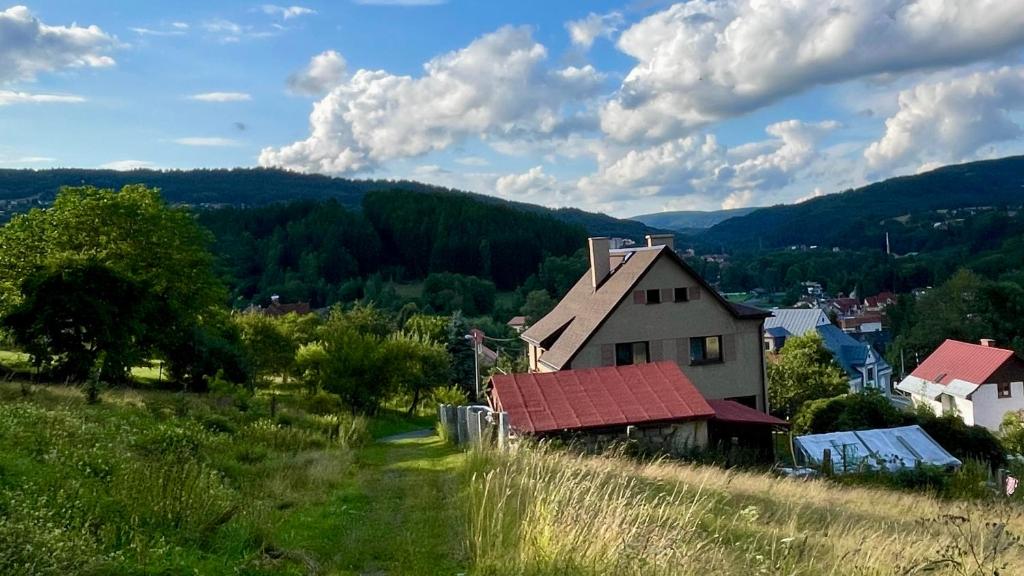 a house with a red roof on a hill at Apartmán u BaFi in Plavy