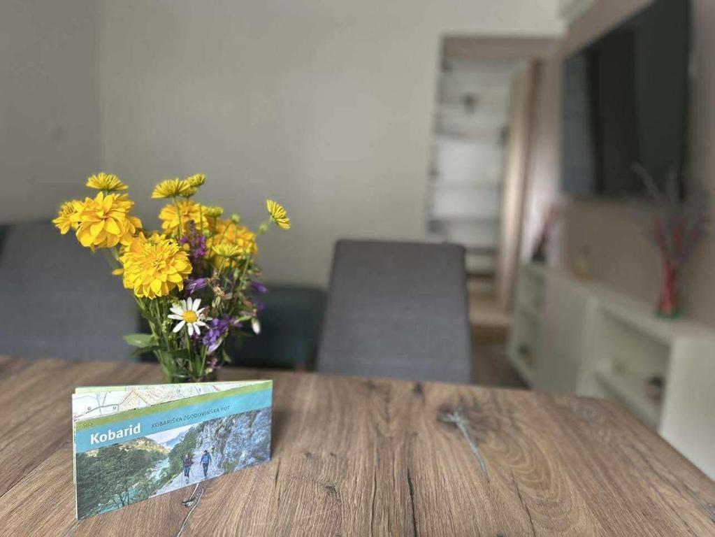 a vase of flowers sitting on top of a table at Apartment Tonc in Kobarid