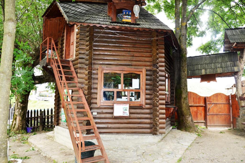 a log cabin with a ladder and a window at Stare Selo in Kolochava