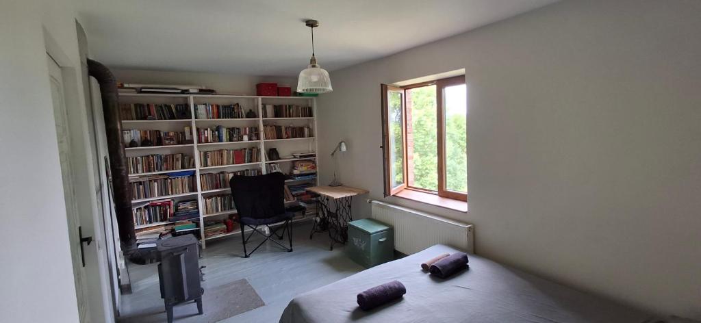 a room with a bed and a book shelf with books at Nature lovers house izbeigts in Stacija Bērstele
