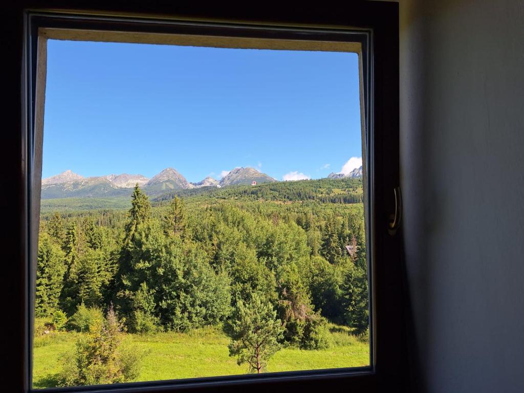 a window with a view of a field and trees at Apartman Lunette in Tatranska Strba