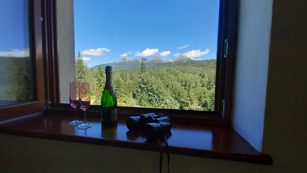 une fenêtre avec une bouteille de vin et deux verres dans l'établissement Apartman Lunette, à Tatranska Strba