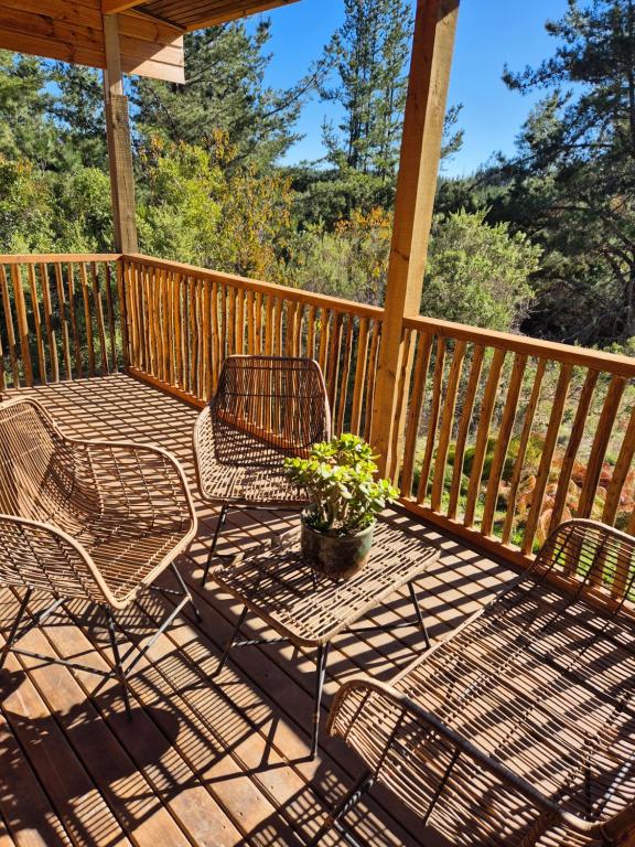 a porch with chairs and a table and a potted plant at Casa Coguil - Camino Topocalma in Los Quillayes