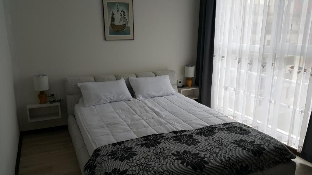ポモリエにあるKraybrezhna Apartmentのベッドルーム1室(毛布、窓付)